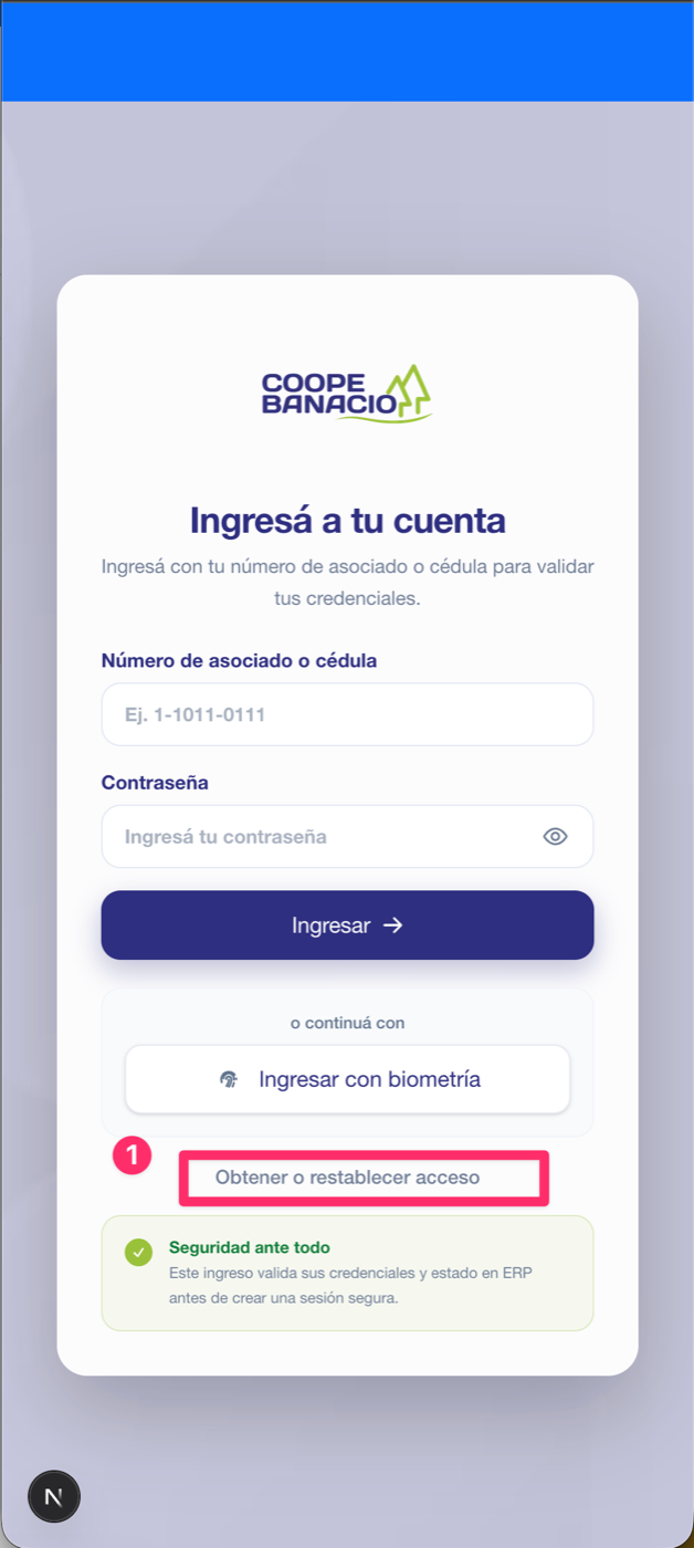 Pantalla de inicio con la opción Obtener o restablecer acceso