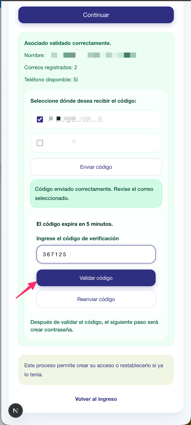 Pantalla para ingresar token y crear contraseña