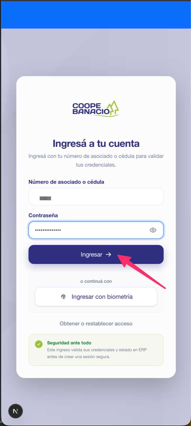 Pantalla de login con cédula y contraseña