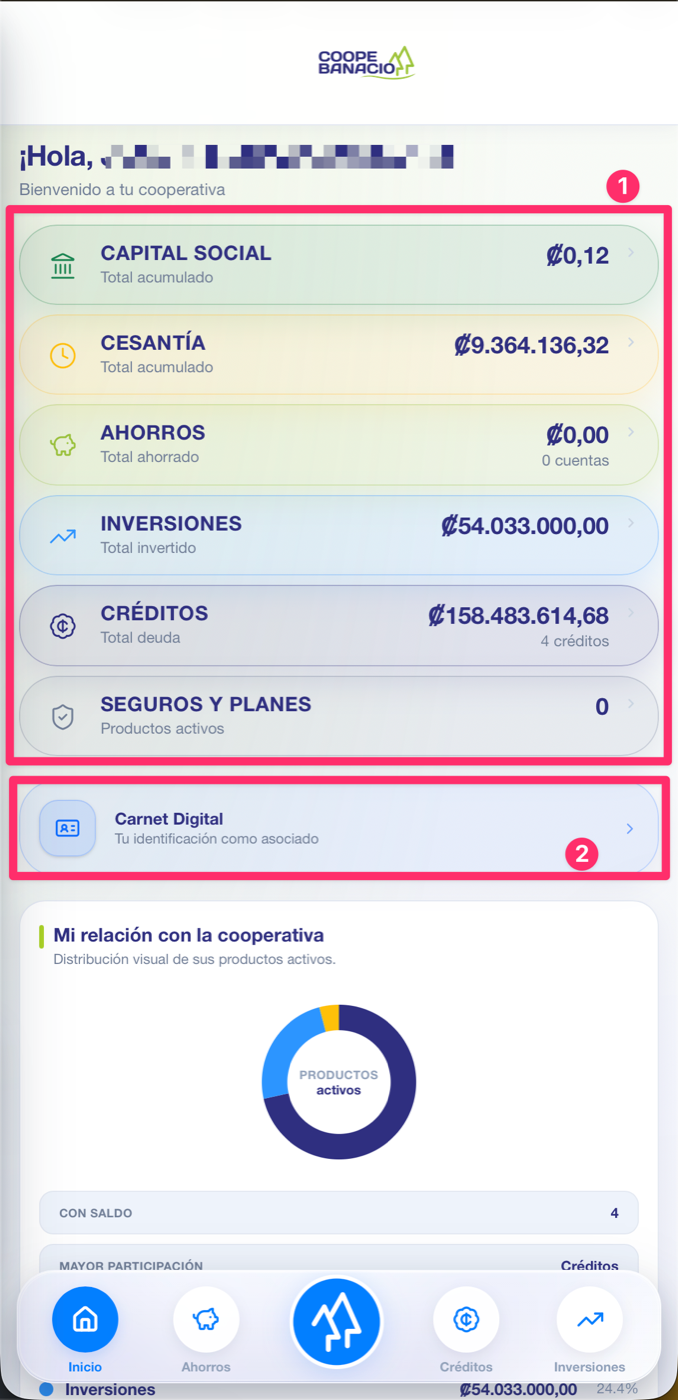 Pantalla principal con resumen de productos y carnet digital