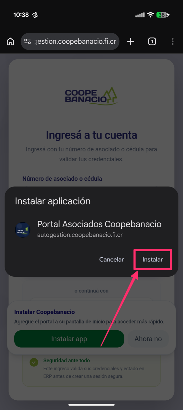 Diálogo de confirmación de instalación de la PWA en Android